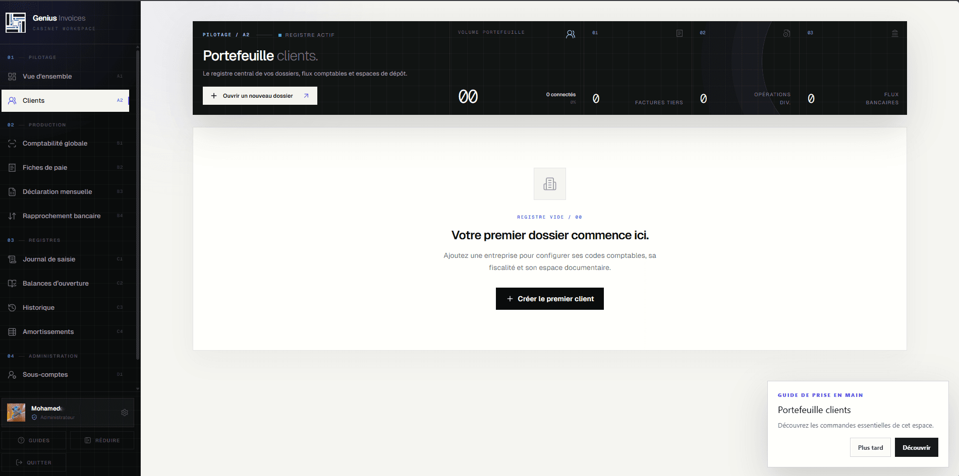 Portefeuille clients vide avec la commande de création du premier dossier